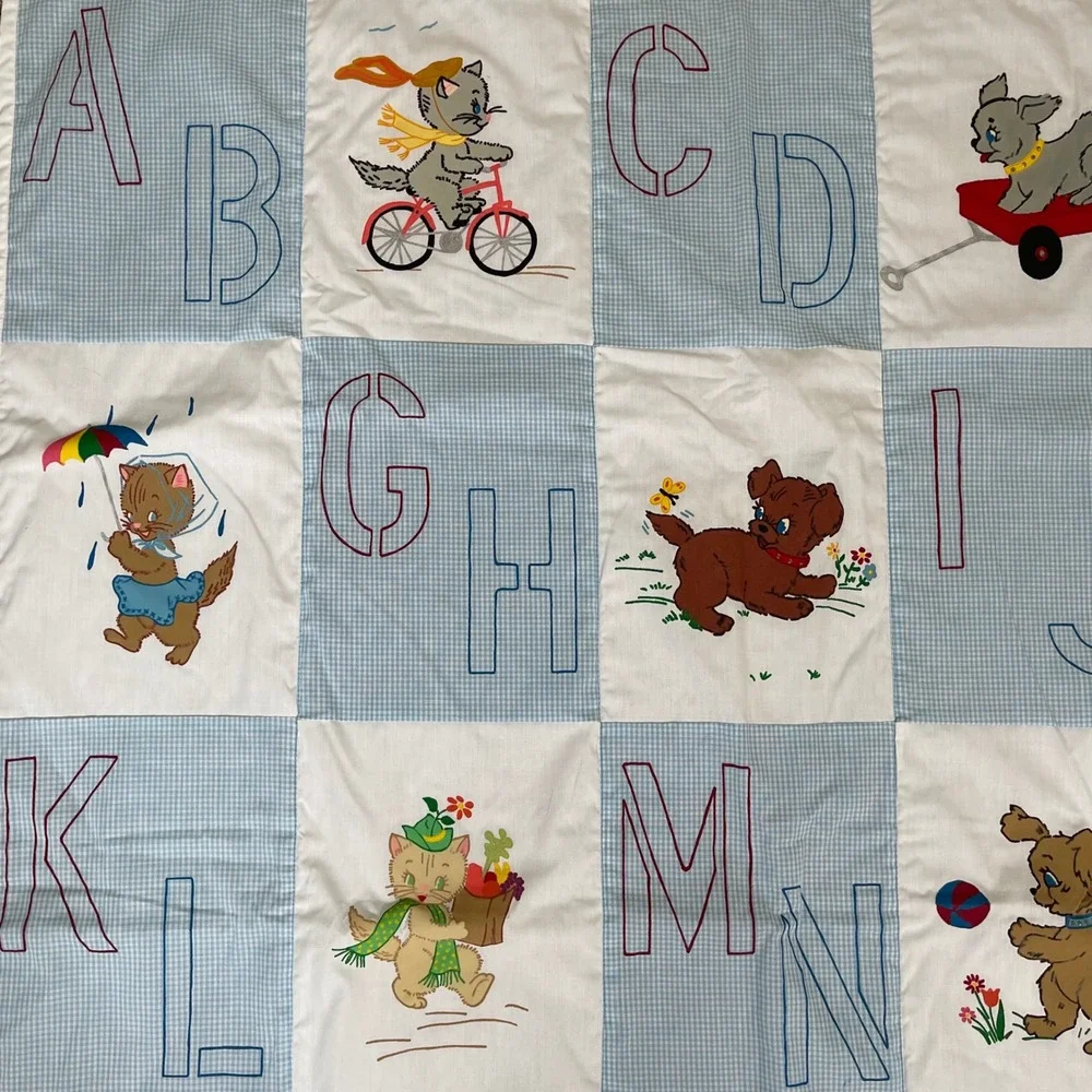 Vintage ABC Alphabet Animals‎ Baby Quilt Blue White Gingham Puppy Kitten Retro